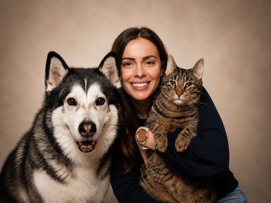 Brooke, Operations at Alerte Digital Vet, photographed with their pet