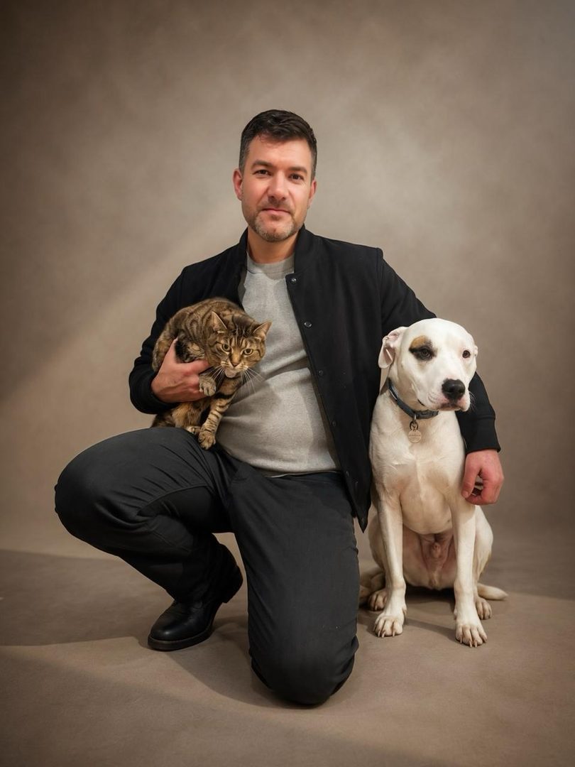 Paul, Operations at Alerte Digital Vet, photographed with their pet