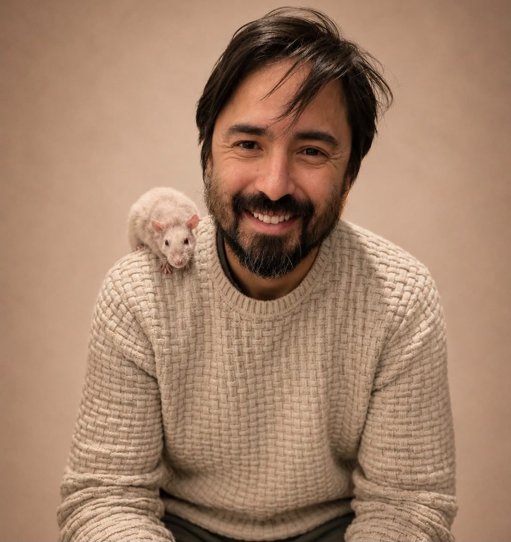 Razali Mohamad, Co-founder at Alerte Digital Vet, photographed with their pet